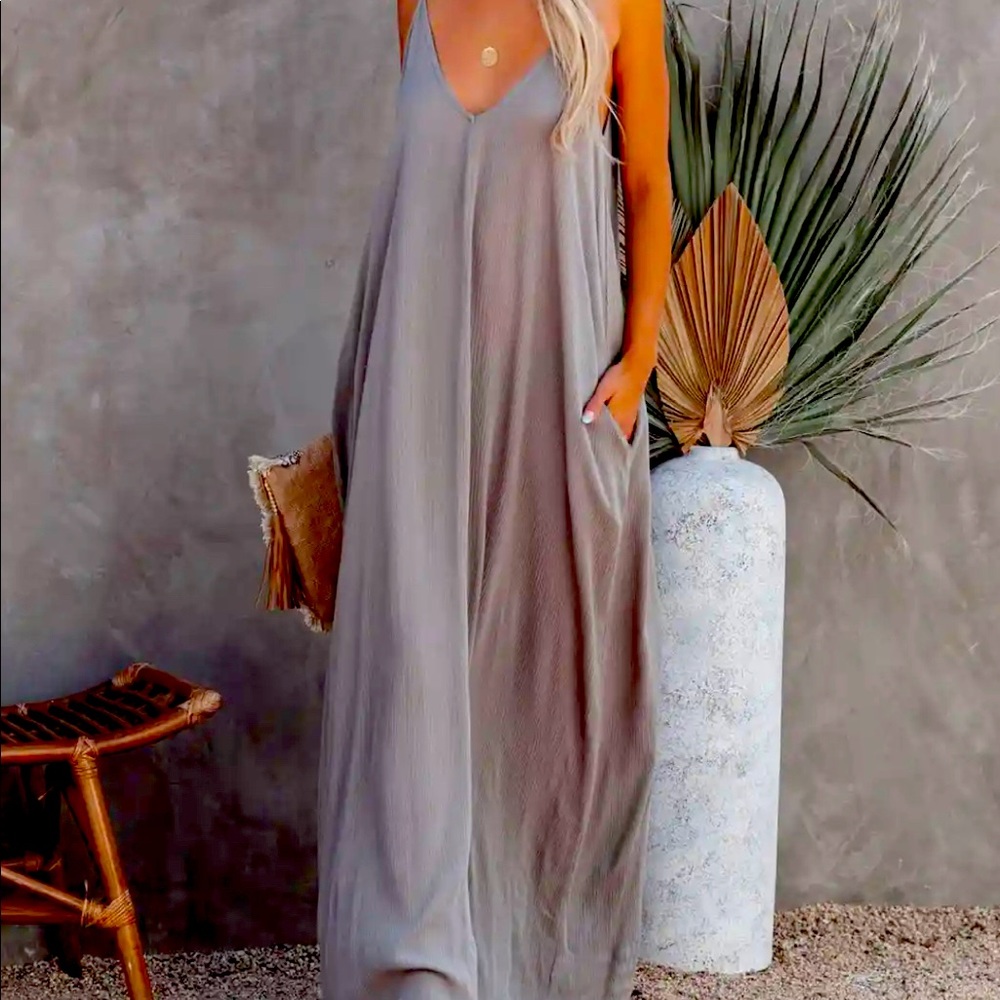 Vici Taupe Gray Maxi Slip Dress with Pockets